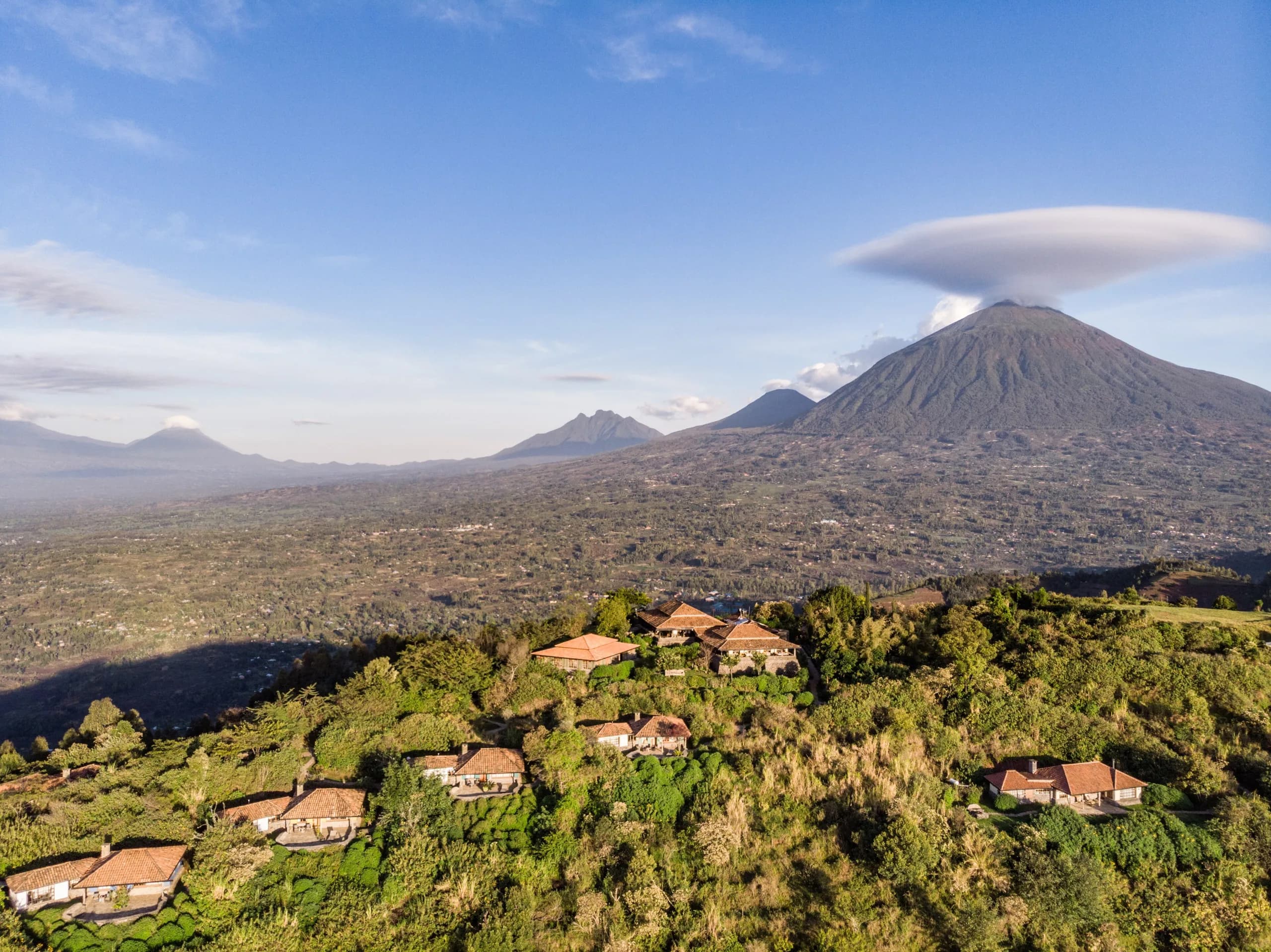 The Virunga volcanoes seen from the foothills